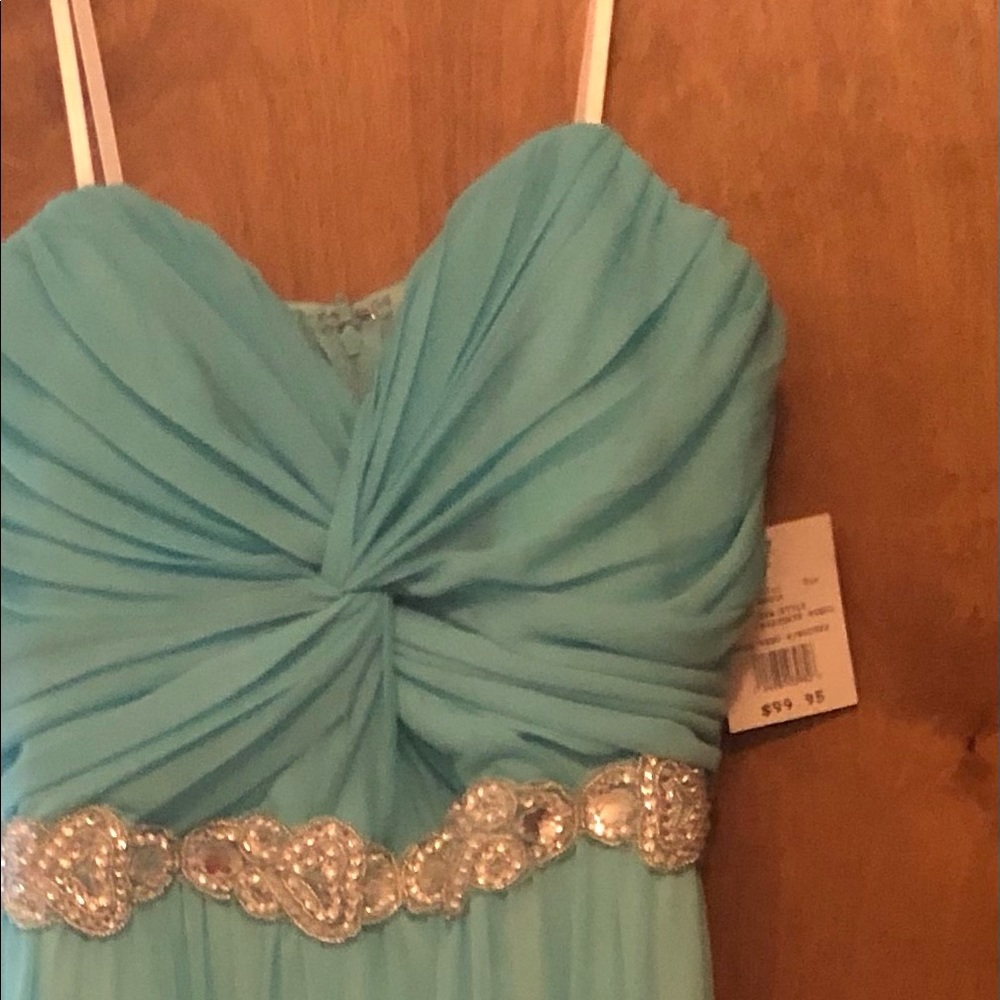 David’s Bridal floor length aqua dress.